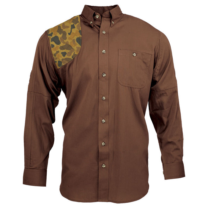 Brown cotton poplin long-sleeve shooting shirt with a camo right shoulder patch and button-down collar.