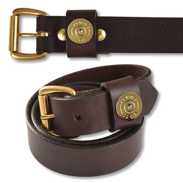 Dark brown bridle leather belt with a brass roller buckle and a decorative 12-gauge shotgun shell casing accent.