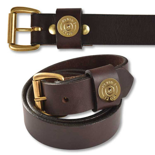 Dark brown bridle leather belt with a brass roller buckle and a decorative 12-gauge shotgun shell casing accent.