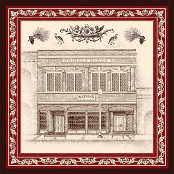 36-inch Italian silk square scarf featuring a vintage Kevin's Storefront illustration with a deep red decorative border.