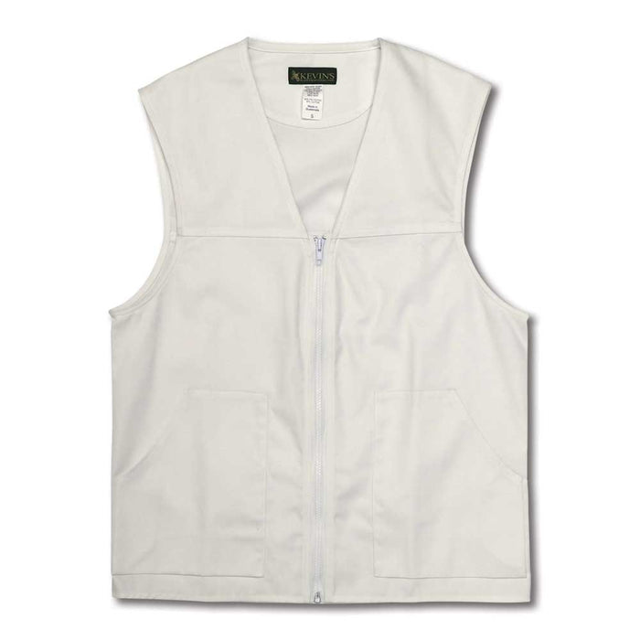 Lightweight, off-white cotton blend safety vest with a front zipper and two reinforced utility pockets.