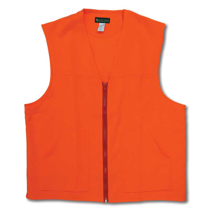 Bright orange cotton blend upland safety vest with a front zipper and two reinforced storage pockets.