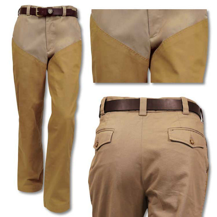 Tan stretch cotton canvas hunting pants with reinforced leg panels, rear button-flap pockets, and a brown leather belt.