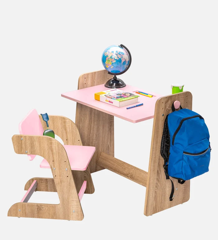 Kids Adjustable Study Table & Chair Set in Oak & Pink for Kids Bedroom, Nursery & Study Area