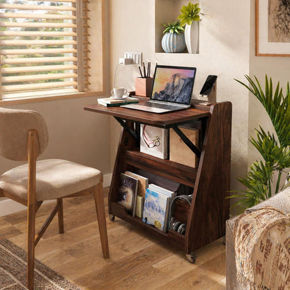 Kids Mobile Study Desk in Walnut Brown with Foldable Writing Surface & Storage for Kids Bedroom, Nursery & Study Area