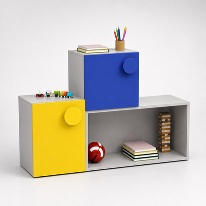 Kids Storage Cabinet in White with Yellow & Blue Doors, Open Shelf Organizer for Kids Bedroom, Nursery, Playroom & Study Area