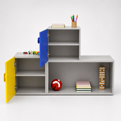 Kids Storage Cabinet in White with Yellow & Blue Doors, Open Shelf Organizer for Kids Bedroom, Nursery, Playroom & Study Area