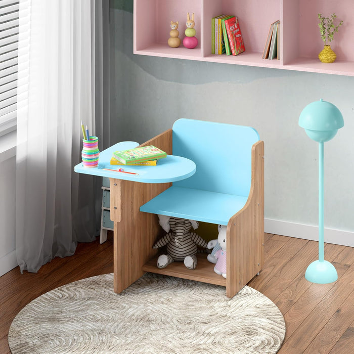 Kids Study Chair with Attached Writing Table in Oak & Blue for Kids Bedroom, Nursery & Study Area