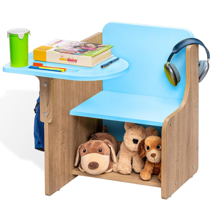 Kids Study Chair with Attached Writing Table in Oak & Blue for Kids Bedroom, Nursery & Study Area
