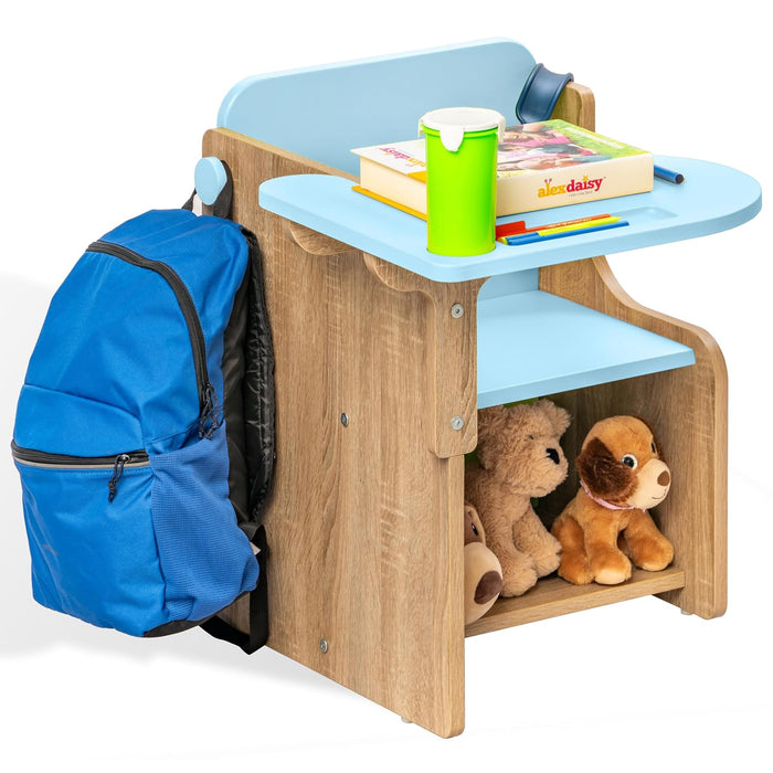 Kids Study Chair with Attached Writing Table in Oak & Blue for Kids Bedroom, Nursery & Study Area