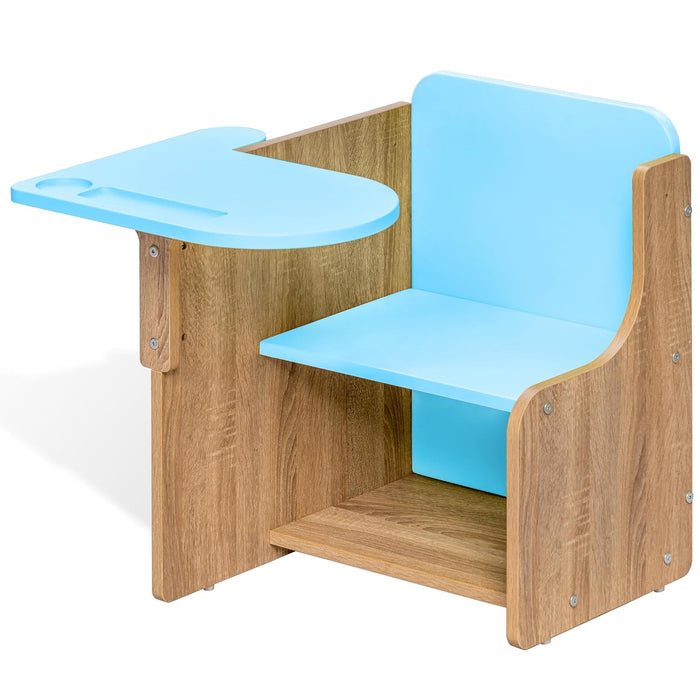 Kids Study Chair with Attached Writing Table in Oak & Blue for Kids Bedroom, Nursery & Study Area