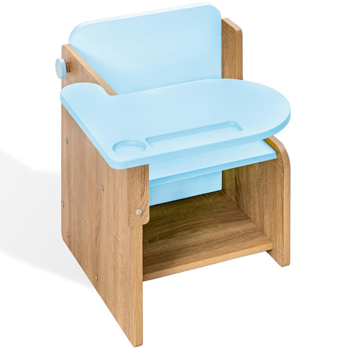 Kids Study Chair with Attached Writing Table in Oak & Blue for Kids Bedroom, Nursery & Study Area