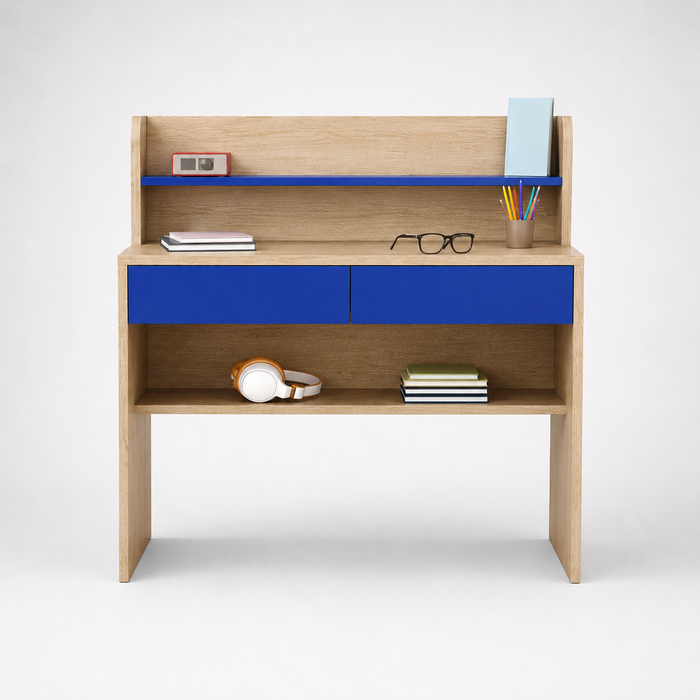 Kids Study Desk in Brown with Blue Drawers & Bookshelf for Kids Bedroom, Nursery & Study Area