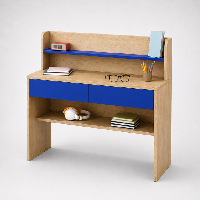 Kids Study Desk in Brown with Blue Drawers & Bookshelf for Kids Bedroom, Nursery & Study Area