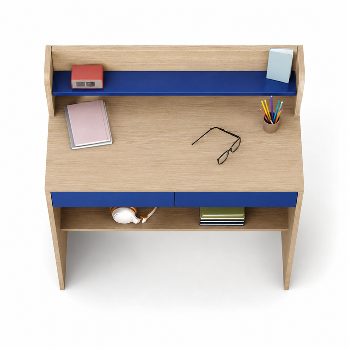 Kids Study Desk in Brown with Blue Drawers & Bookshelf for Kids Bedroom, Nursery & Study Area