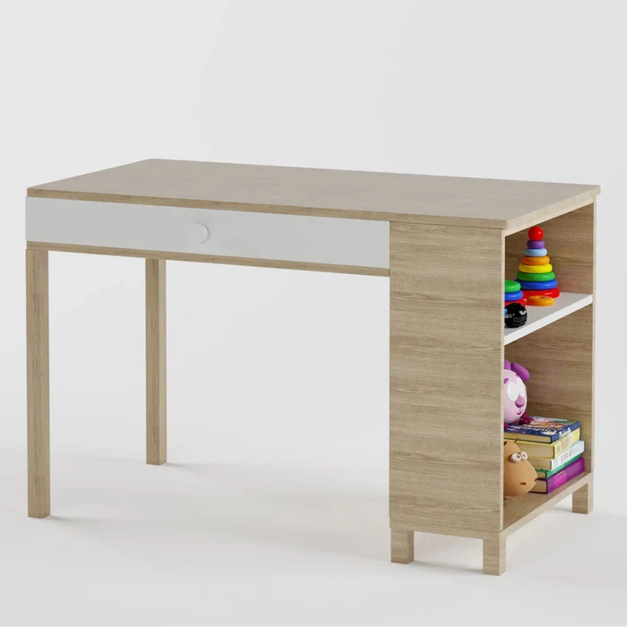 Kids Study Desk in Brown with Drawer & Side Bookshelf for Kids Bedroom, Nursery & Study Area