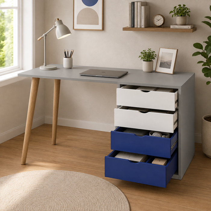 Kids Study Desk in Gray with 4 Drawer Storage for Kids Bedroom, Nursery & Study Area