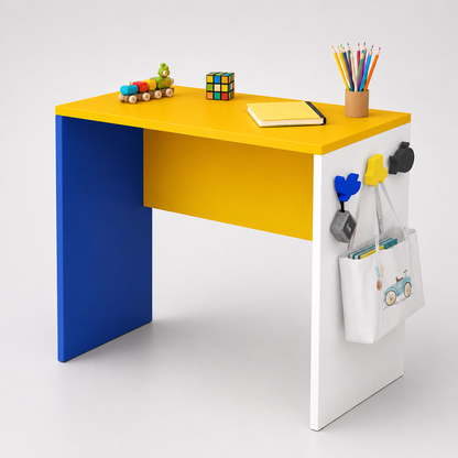 Kids Study Desk in White & Yellow with Blue Panel for Kids Bedroom, Nursery & Study Area