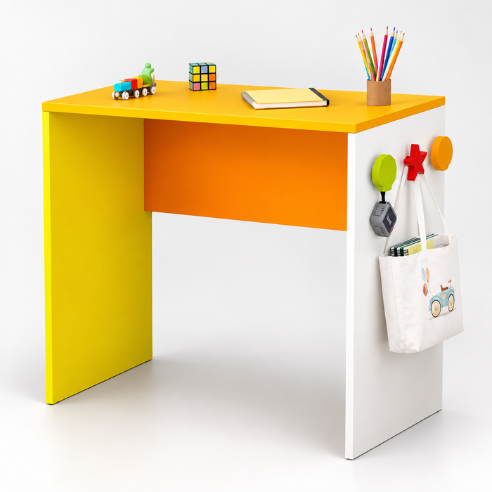 Kids Study Desk in White & Yellow with Orange Panel for Kids Bedroom, Nursery & Study Area