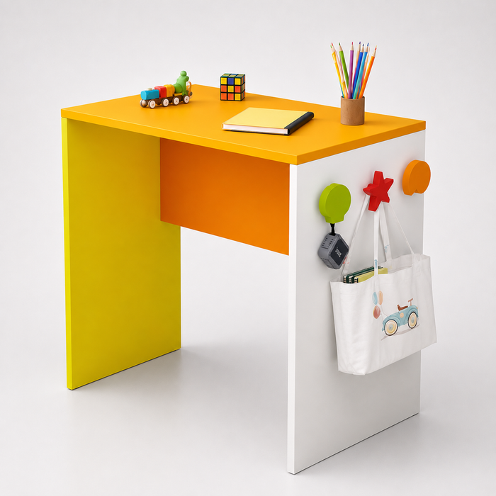 Kids Study Desk in White & Yellow with Orange Panel for Kids Bedroom, Nursery & Study Area