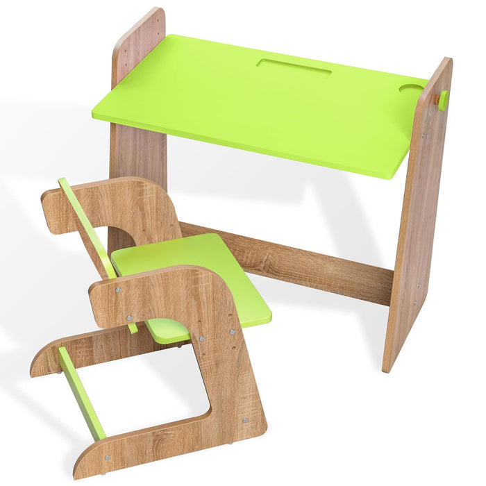 Kids Study Table & Chair Set in Oak & Lime Green for Kids Bedroom, Nursery & Study Area