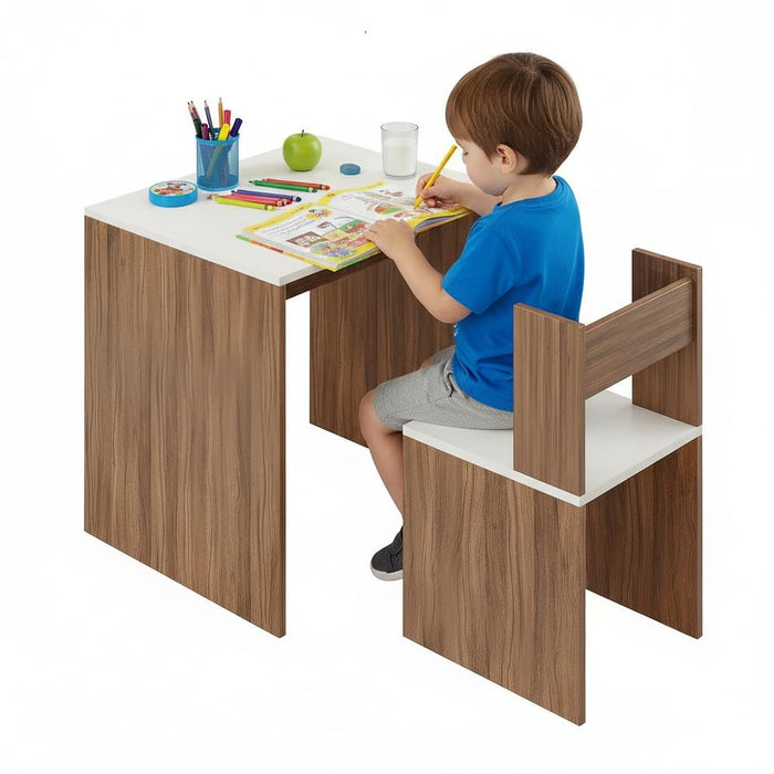 Kids Study Table & Chair Set in Walnut & White for Kids Bedroom, Nursery & Study Area