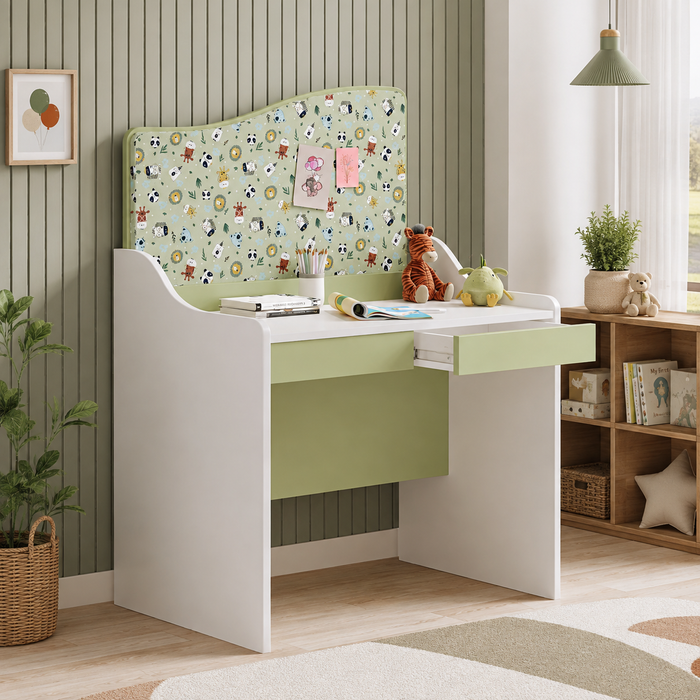 Kids Study Table with Pinboard, Drawer, Writing Desk for Children, Modern Space Saving Bedroom Furniture White and Green