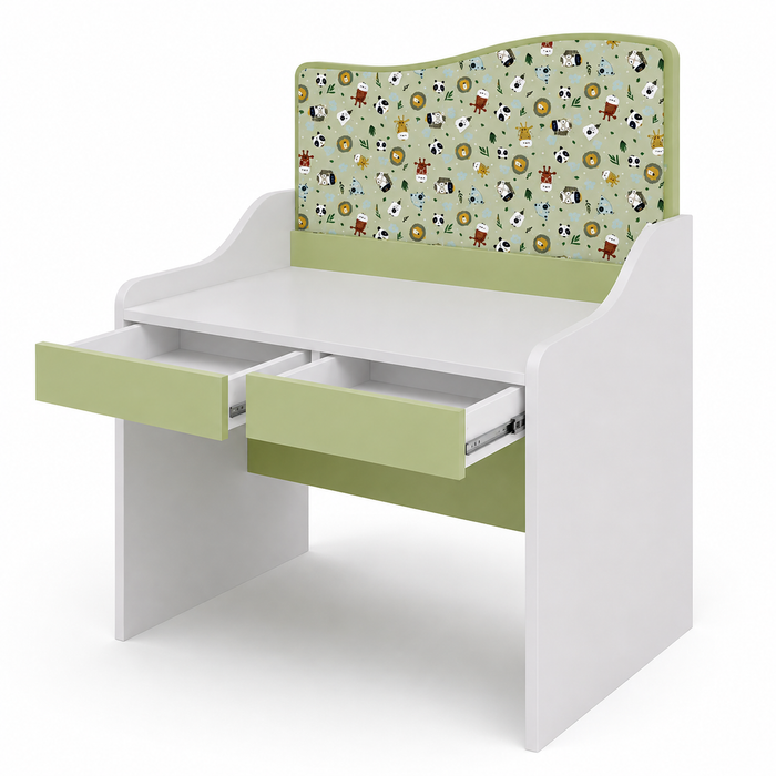 Kids Study Table with Pinboard, Drawer, Writing Desk for Children, Modern Space Saving Bedroom Furniture White and Green