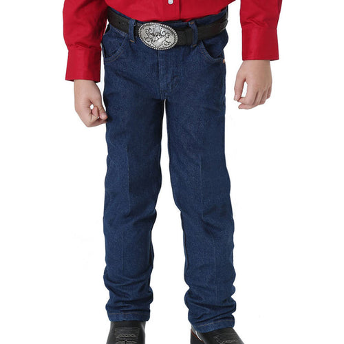 Kid's Wrangler Cowboy Cut original fit dark wash denim jeans with a high rise and boot-cut leg.