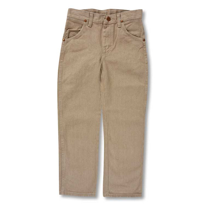 Tan Wrangler Cowboy Cut original fit jeans for kids in durable cotton denim with authentic five-pocket styling.