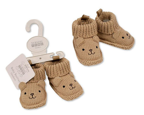 Knitted Baby Booties with Teddy Face Embroidery and Ears - Taupe (0-3m) (PK6) BSS-116-835