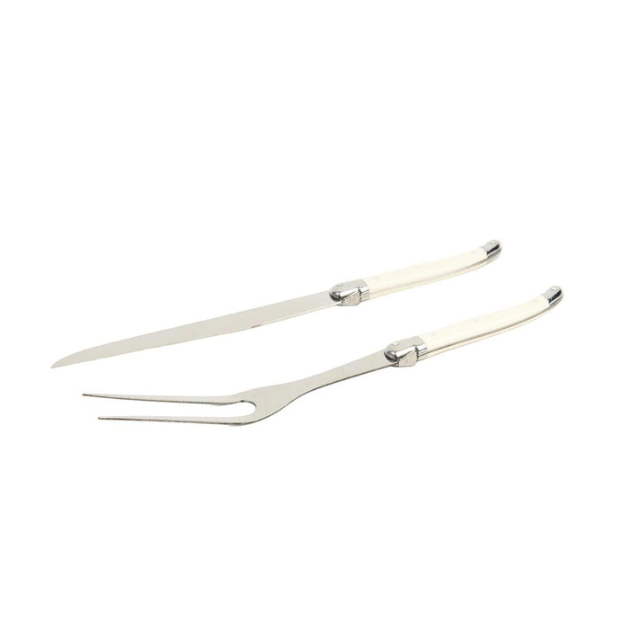 Laguiole carving set with stainless steel blades and ivory-colored riveted handles against a white background.
