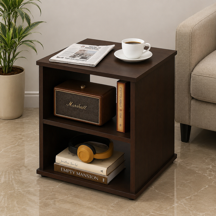 Lakdi Modern Open Shelf Bedside Table for Bedroom, Dark Walnut Particle Board Nightstand with 2 Tier Storage