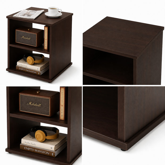 Lakdi Modern Open Shelf Bedside Table for Bedroom, Dark Walnut Particle Board Nightstand with 2 Tier Storage