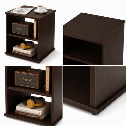 Lakdi Modern Open Shelf Bedside Table for Bedroom, Dark Walnut Particle Board Nightstand with 2 Tier Storage