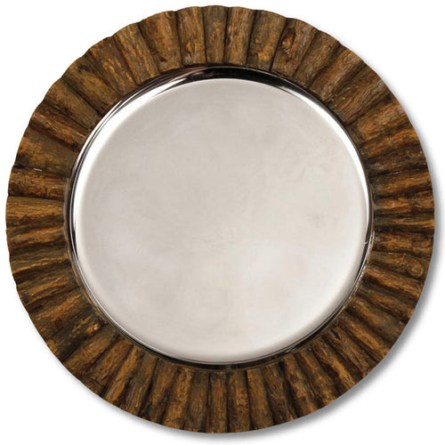 14-inch round charger plate with a rustic bark-textured wood rim and a smooth, polished silver center.