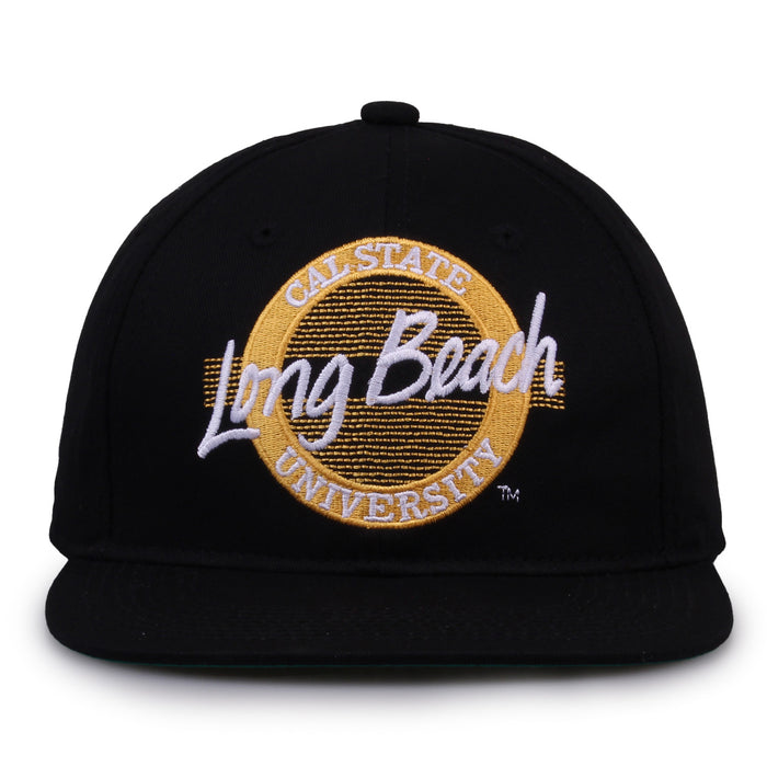 Long Beach Retro Circle snapback hat in black, front view