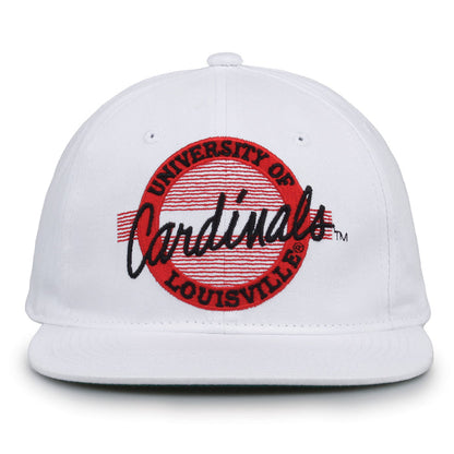 Louisville Retro Circle snapback hat in white, front view