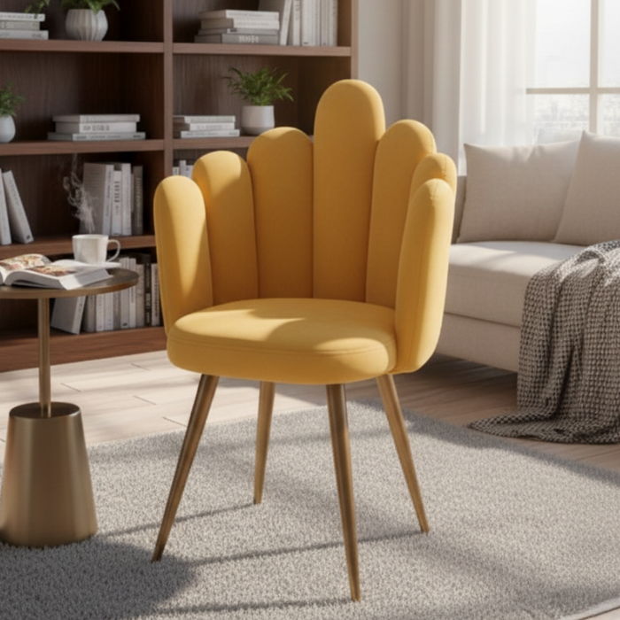 Yellow chair in a living room with a bookshelf and sofa