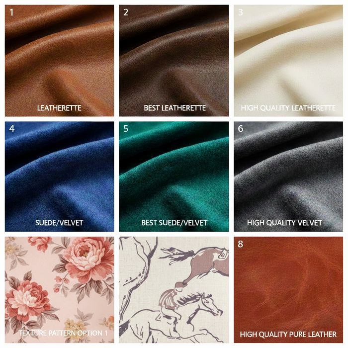 Collection of different fabric textures and patterns with labels underneath.
