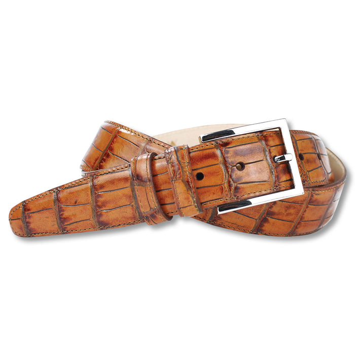 Chestnut alligator-embossed leather belt with a stitched feather edge and polished silver buckle.