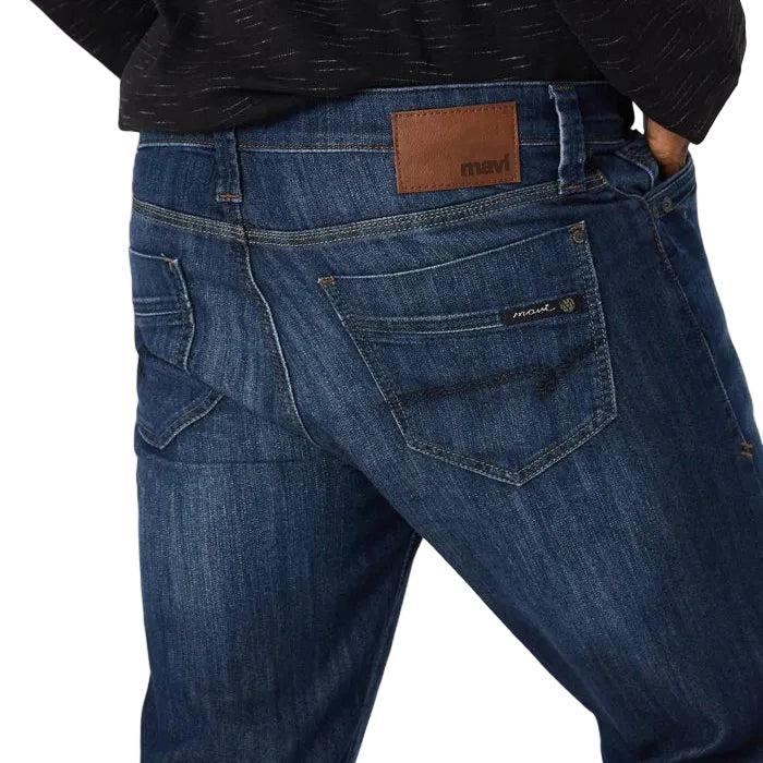 Mavi Men's Zach straight leg jeans in Dark Maui wash with brown leather logo patch and back pocket stitching.