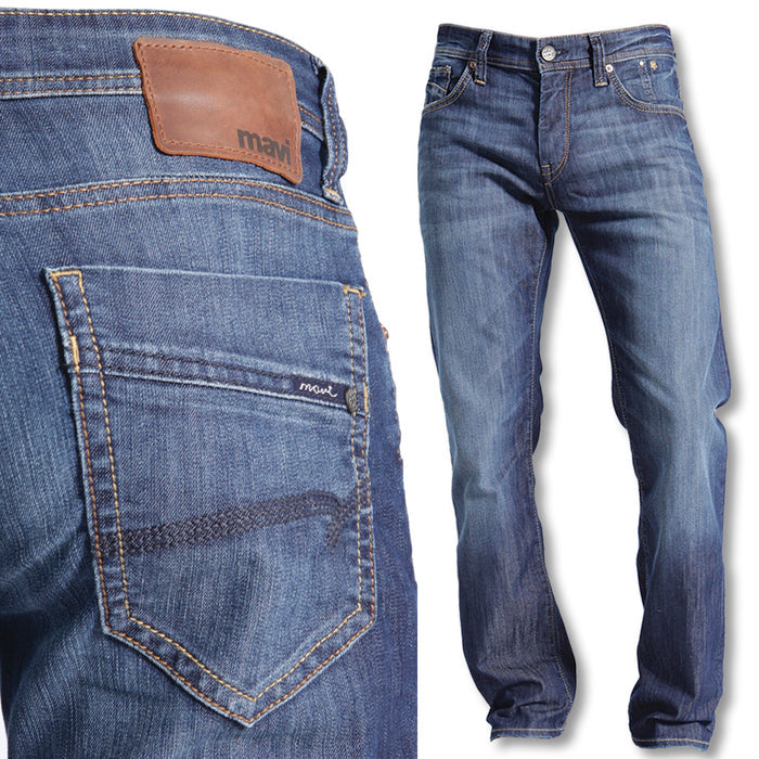Mavi Zach straight leg jeans in Dark Maui wash with brown leather patch and contrast stitching.