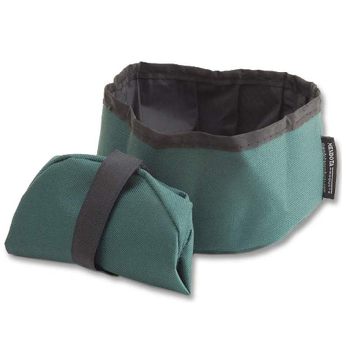 Green Mendota collapsible dog bowl shown both open and folded with a secure hook-and-loop strap.