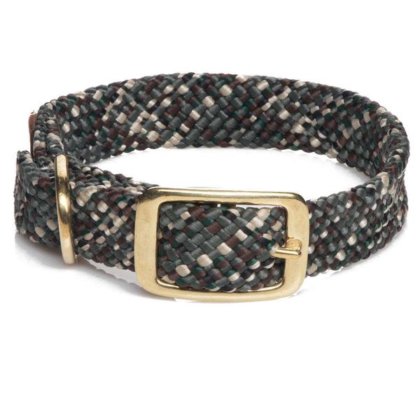 Mendota 1-inch double braid dog collar in multi-colored forest tones with a durable brass buckle and D-ring.