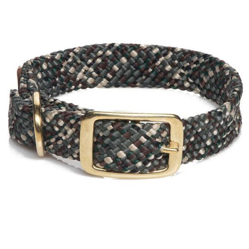 Mendota 1-inch double braid dog collar in multi-colored forest tones with a durable brass buckle and D-ring.