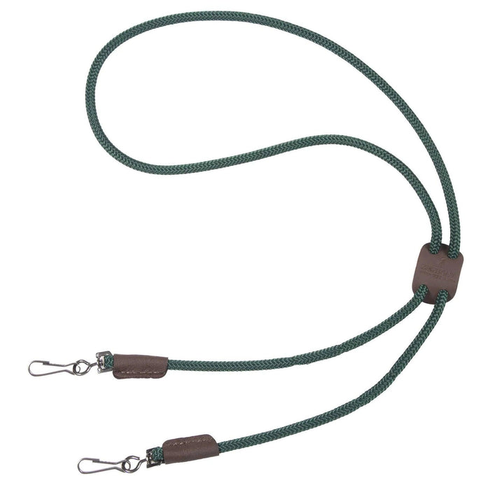 Green braided polypropylene double whistle lanyard with brown leather accents and a branded leather slide.