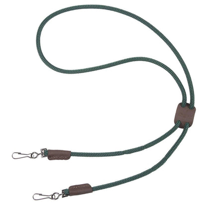 Green braided polypropylene double whistle lanyard with brown leather accents and a branded leather slide.