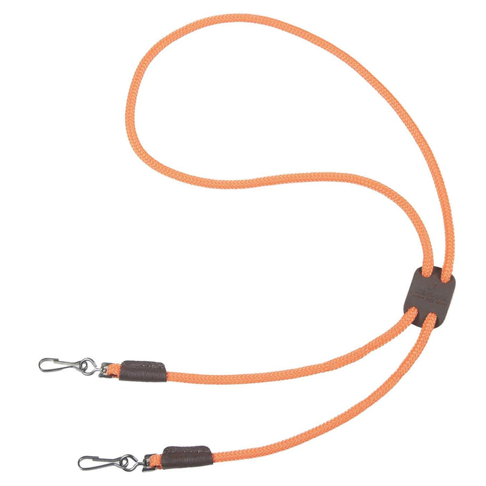 Bright orange braided polypropylene double whistle lanyard with brown leather accents and a branded leather slide.