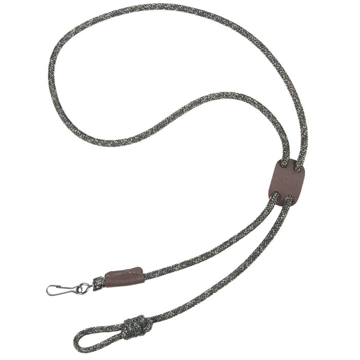 Camo braided polypropylene double whistle lanyard with brown leather accents and a branded leather slide.